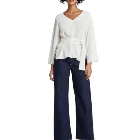 Zara White Blouse Top With Belt  V-Neck Flowy Size Small - Picture 5 of 14